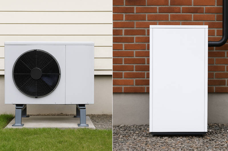 Kuva, jossa rinnakkain näkyy kaksi erilaista lämmitysjärjestelmää: vasemmalla vesi-ilmalämpöpumpun ulkoyksikkö vaalean talon seinustalla ja oikealla maalämpöpumpun yksikkö punatiiliseinää vasten. Kuvitus havainnollistaa näiden lämmitysmuotojen eroja suomalaisessa pientaloympäristössä.